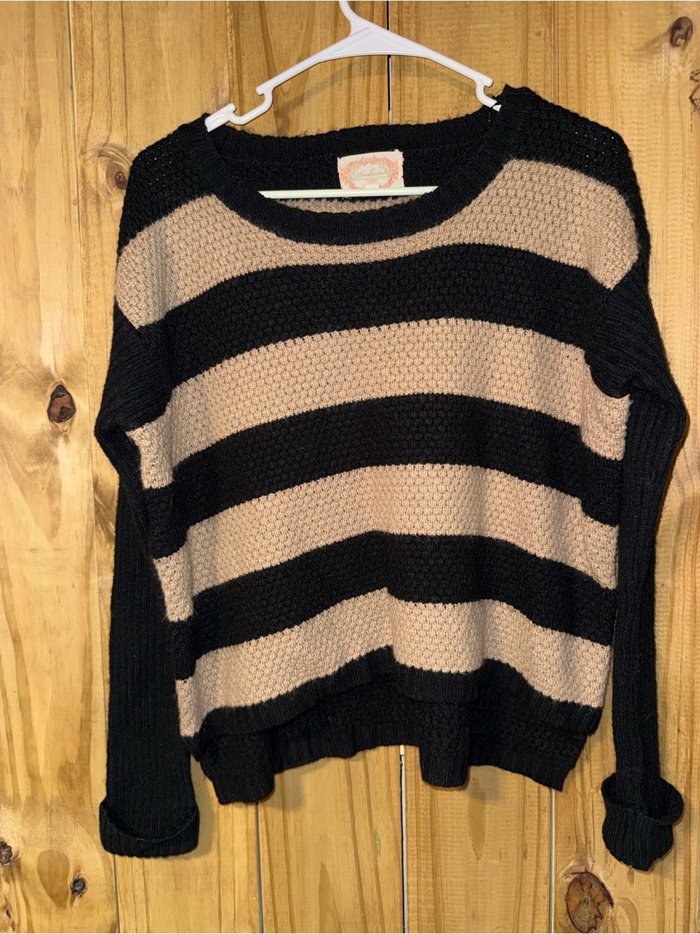 Ambiance Black and Tan Striped Crewneck Sweater